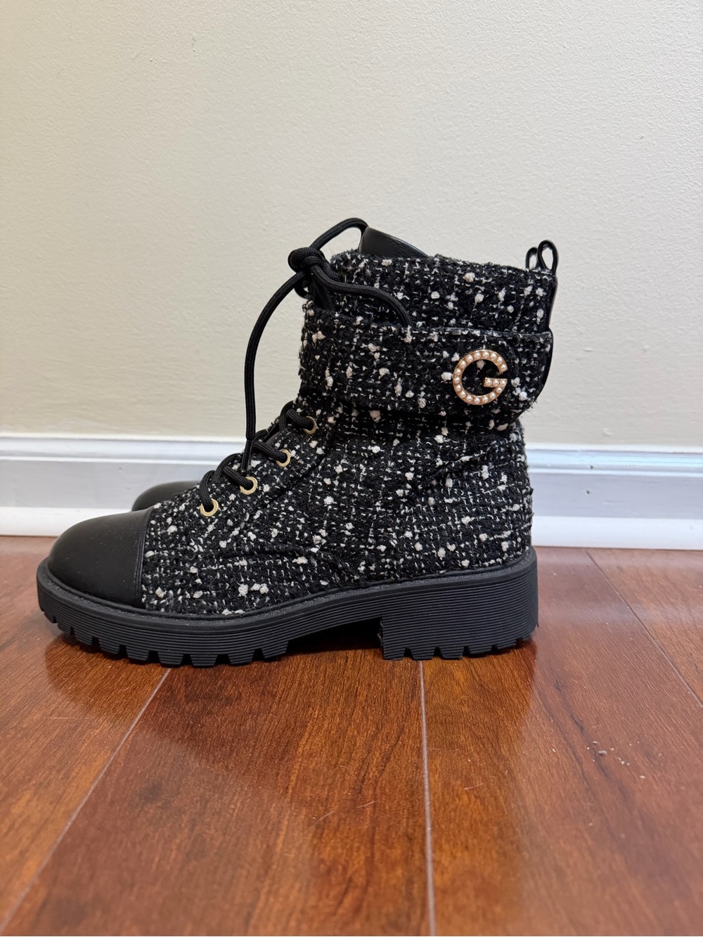 Guess Black Tweed Lace-Up Combat Boots with Gold 'G' Accent